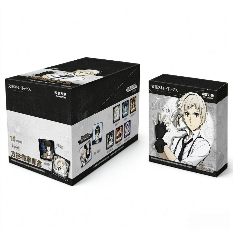 Anime Action Figure Blind Box - Bungo Stray Dogs, badge carré, boîte